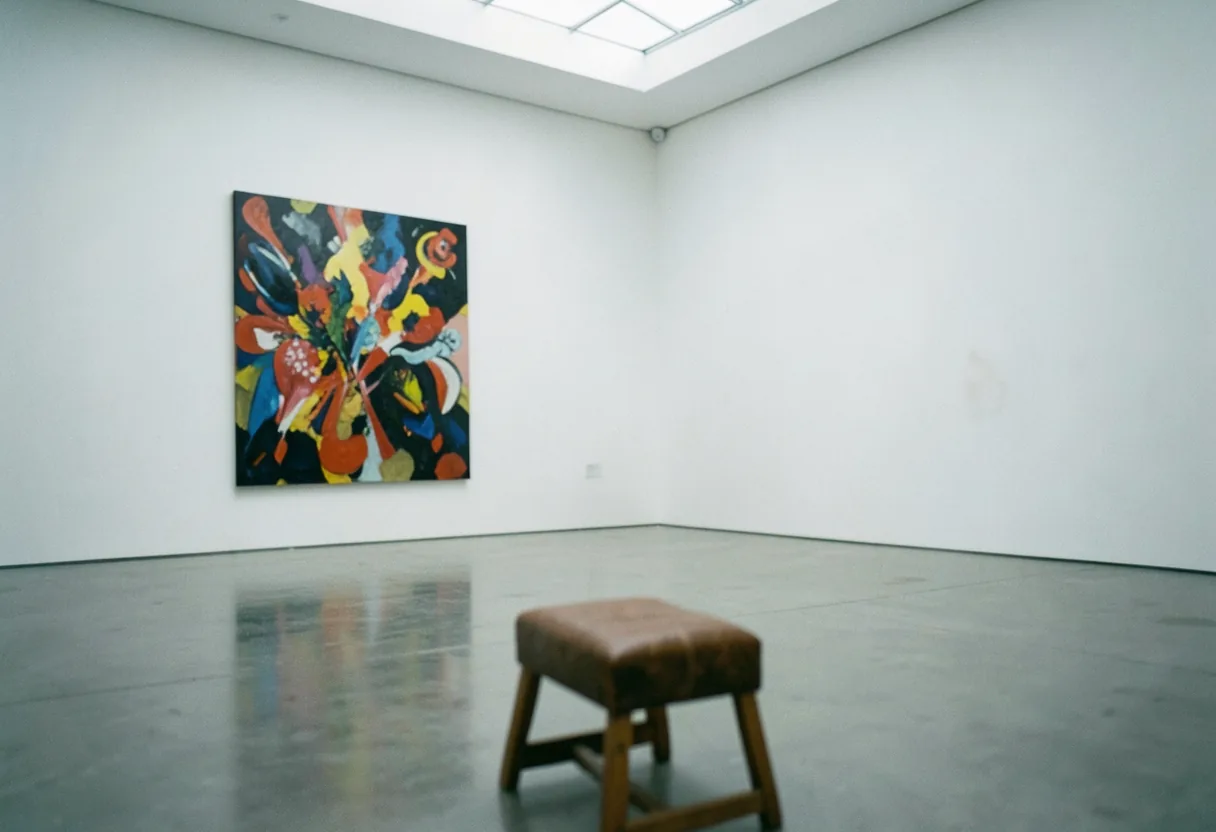 Gallery with muted colors, soft lighting, white walls, and polished concrete floor. Abstract painting color theory.