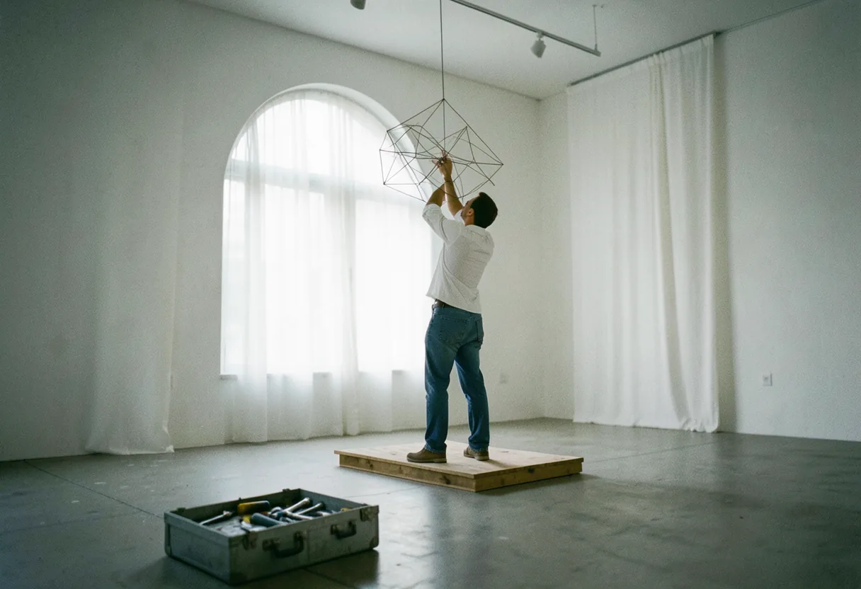 Installation designer arranging elements in a spacious gallery, soft lighting, muted colors.