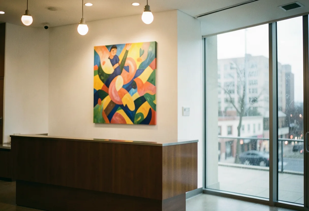 Softly lit lobby with uplifting abstract art on muted walls, commercial venue decor.