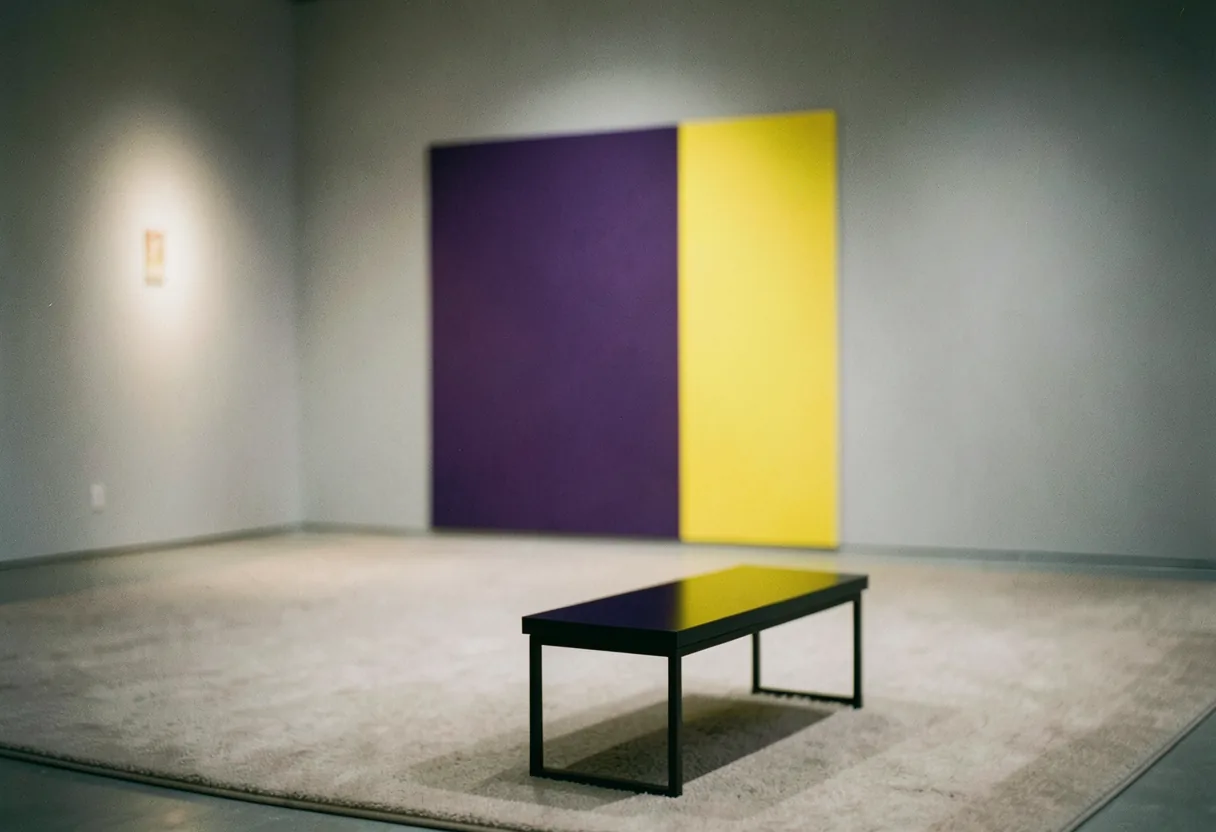 Soft-lit gallery showcasing vibrant complementary color contrast installation, mastering visual impact.