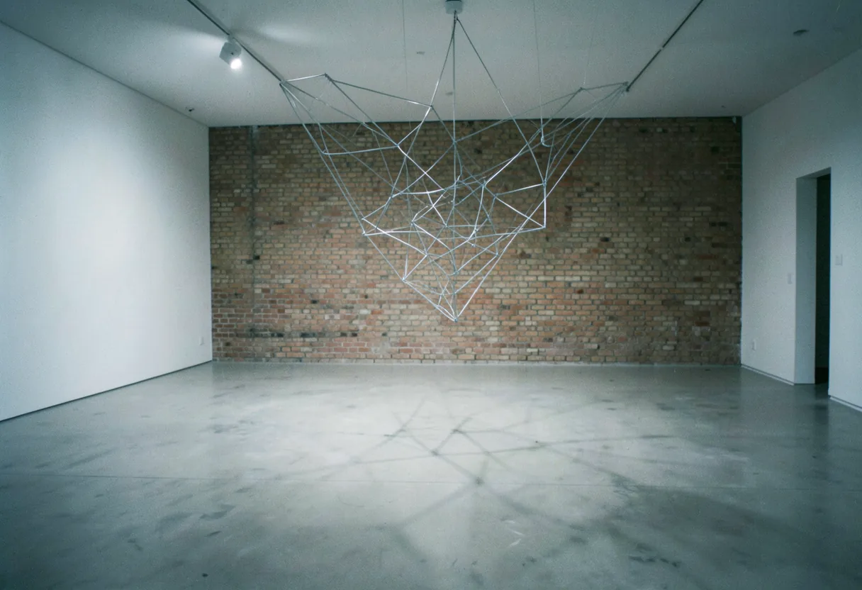 Empty gallery with concrete floor, showcasing installation art's minimalist environment.