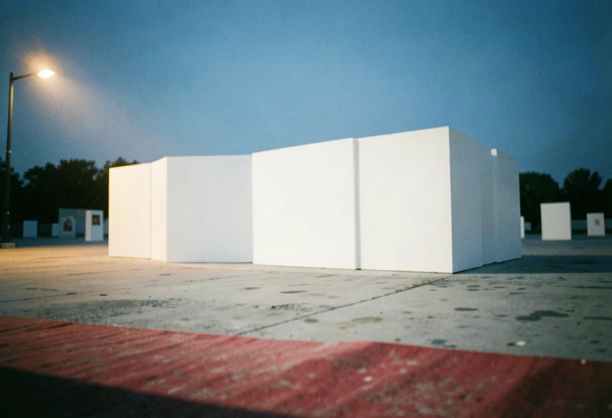 White geometric art installation under diffused light, budget breakdown illustration.
