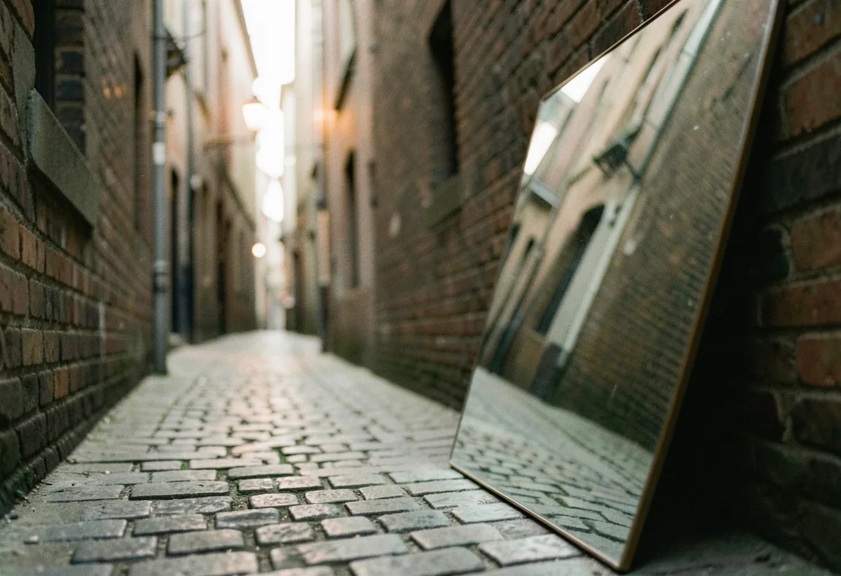 Narrow alleyway with weathered brick walls, creating depth and perspective in installations.