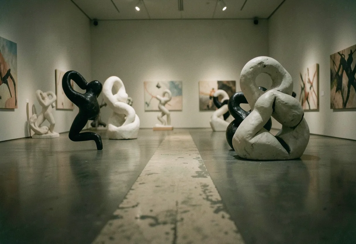 Gallery with abstract sculptures, evoking joy and anger, in muted, dim lighting.