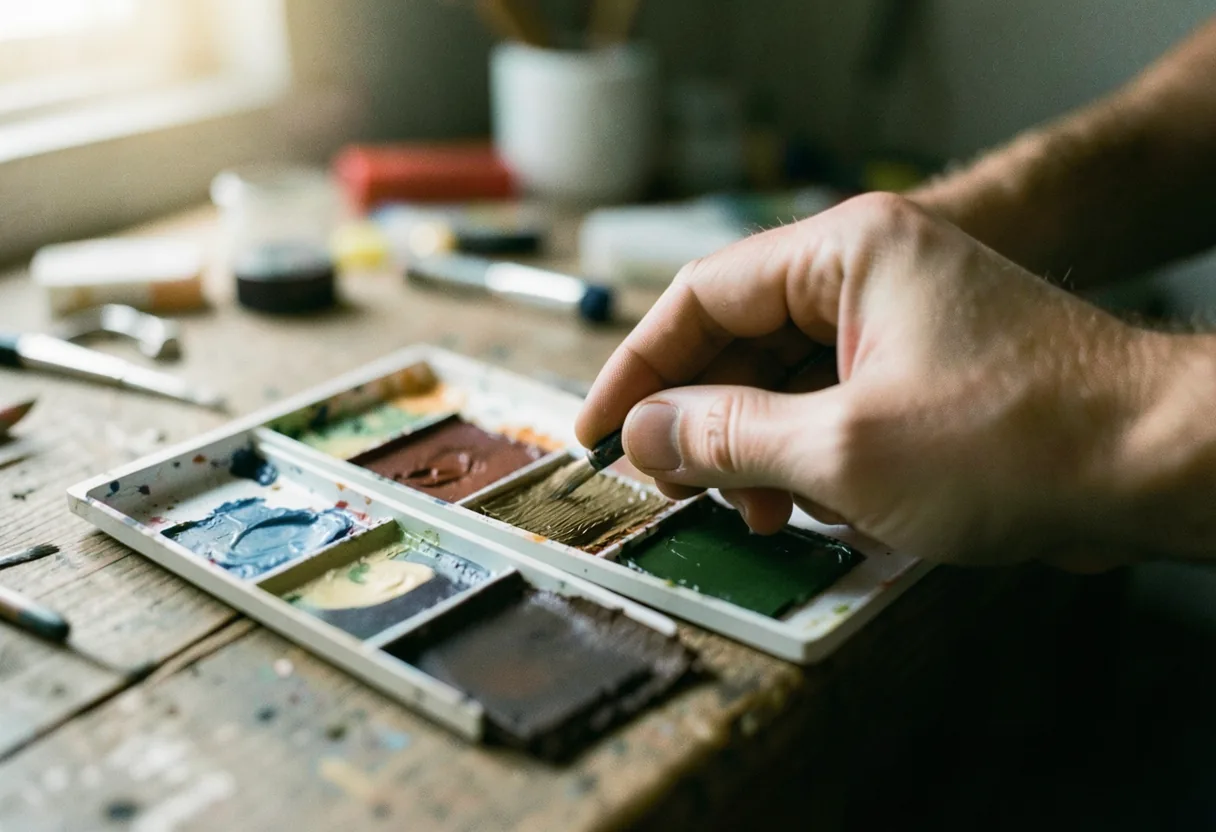 Soft, muted paint swatches held in an artist's hand, palette selection for immersive environments.