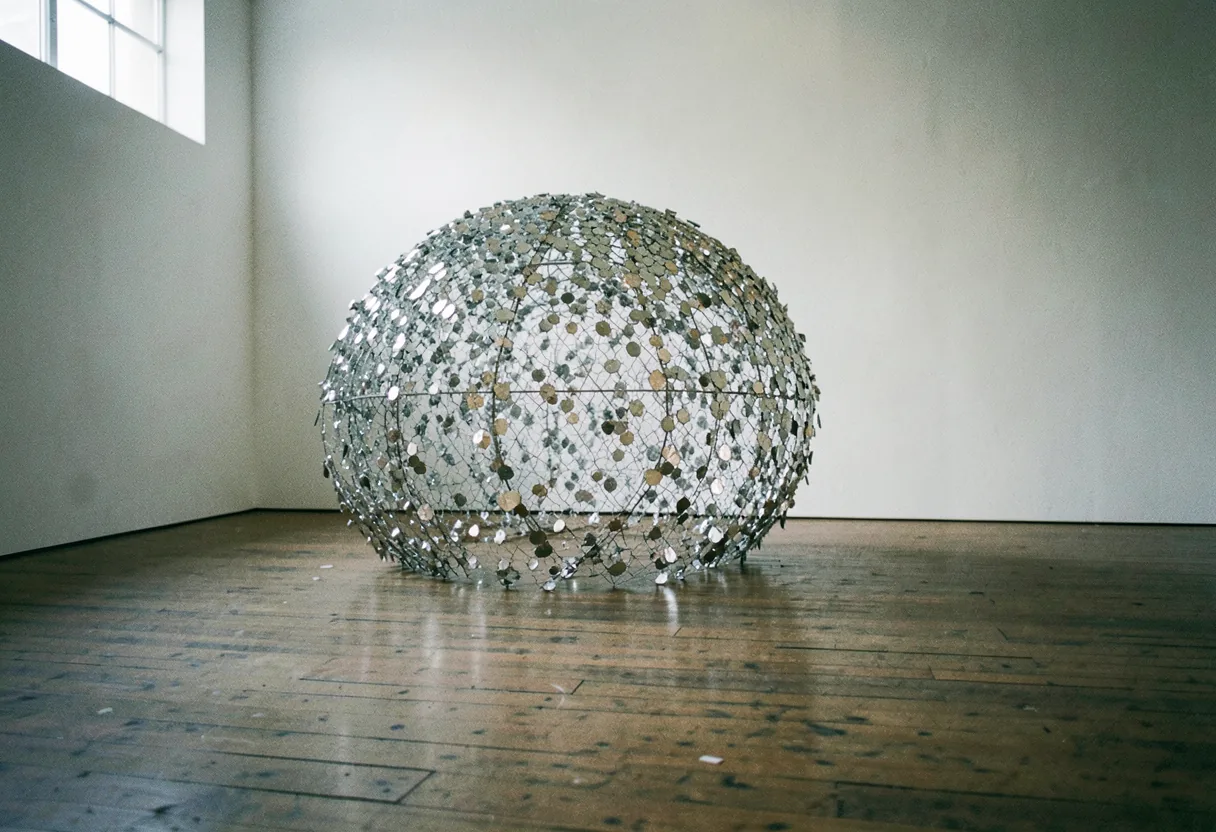 Abstract art installations in vast, dimly lit gallery, muted colors, soft lighting.